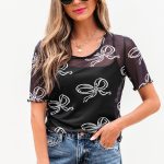 Black Bow Printed Mesh Short Sleeve Top