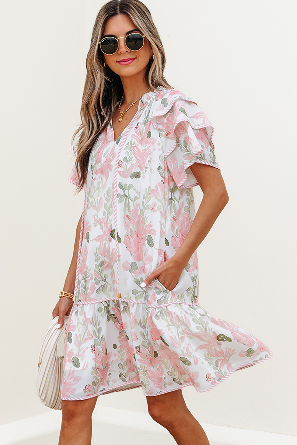 Pink Floral Contrast Edge Layered Short Sleeve Mini Dress - Image 5