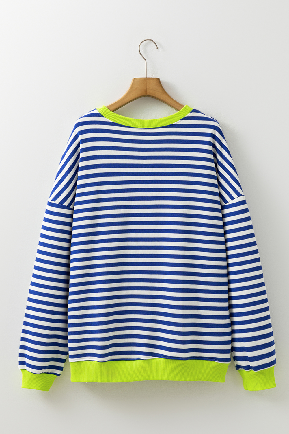 Sky Blue Stripe Striped Contrast Ribbed Trim Crossed Stitch Drop Shoulder Sweatshirt - Image 8