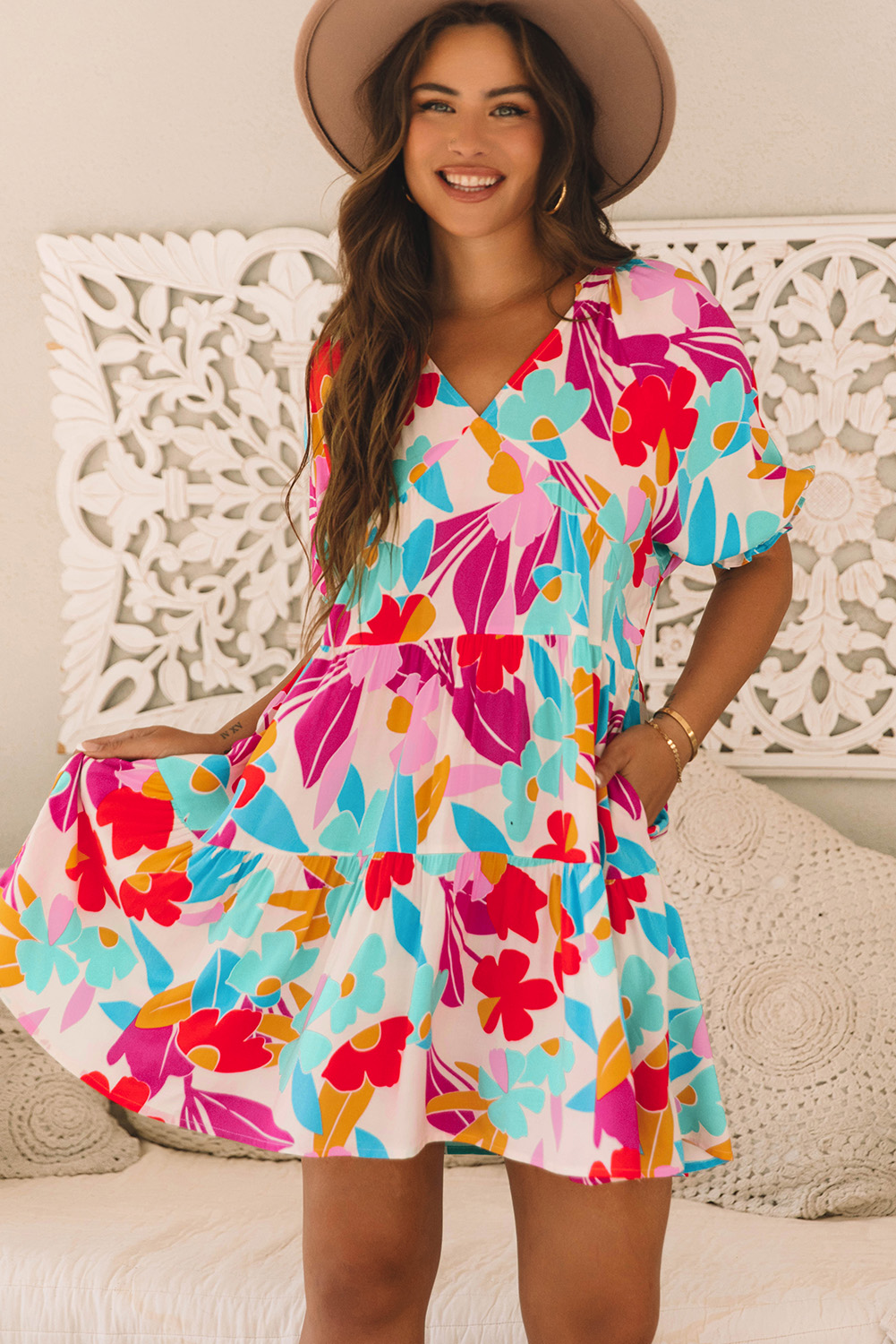 Rose Red Floral Bubble Sleeve V Neck Tiered Ruffle Babydoll Dress - Image 4