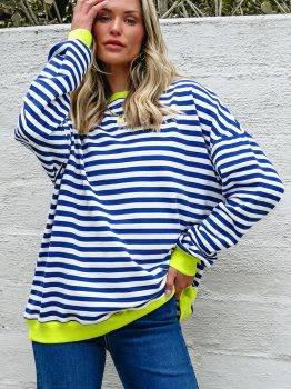 Sky Blue Stripe Striped Contrast Ribbed Trim Crossed Stitch Drop Shoulder Sweatshirt