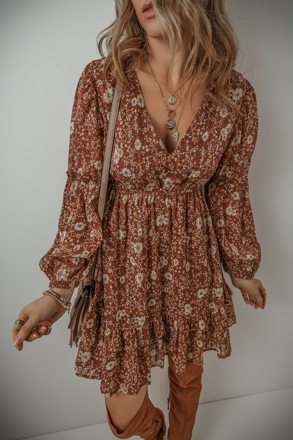 Brown Boho Floral Ruffled Puff Sleeve V Neck Mini Dress - Image 5