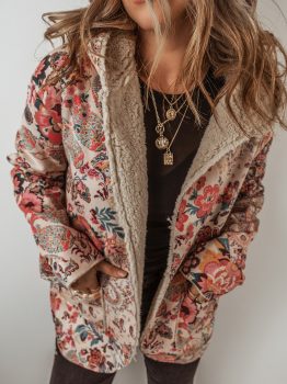Beige Vintage Paisley Floral Printed Sherpa Lined Hooded Jacket