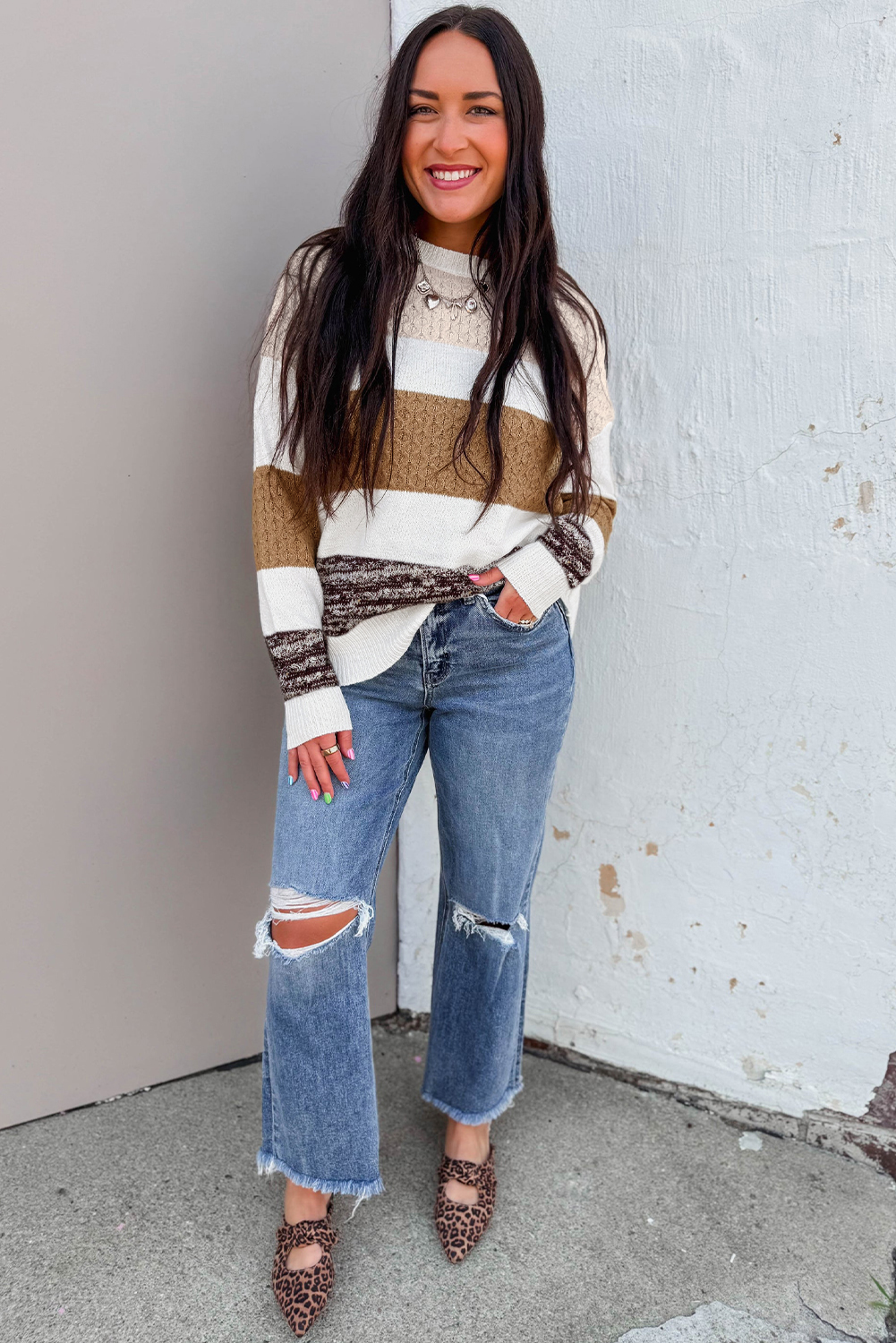 Brown Mixed Texture Knit Striped Color Block Loose Sweater - Image 6