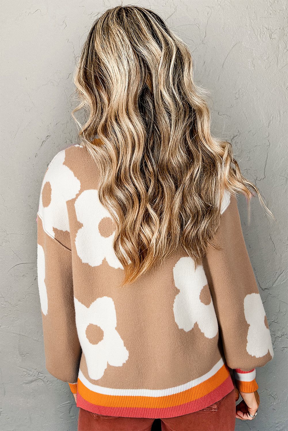 Smoke Gray Big Flower Pattern Contrast Striped Baggy Sweater - Image 2