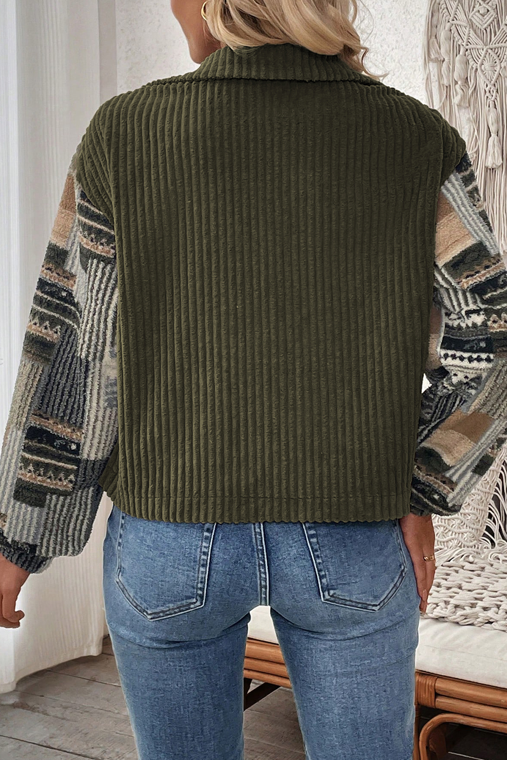 Jungle Green Ribbed Fleece Plaid Print Patchwork Button Up Jacket - Image 2