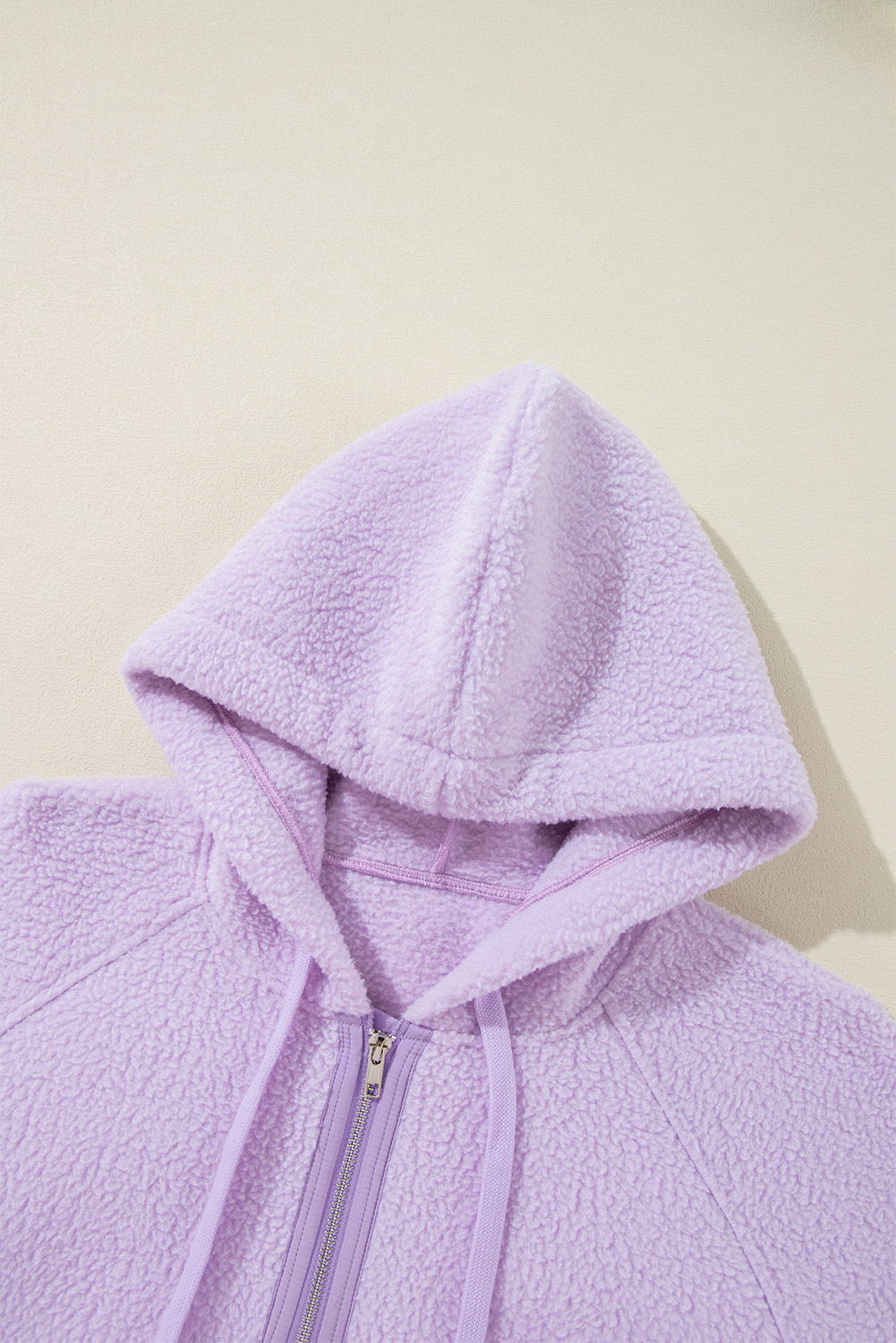 Lavendula Zipped Patch Pocket Fuzzy Drawstring Hoodie - Image 6
