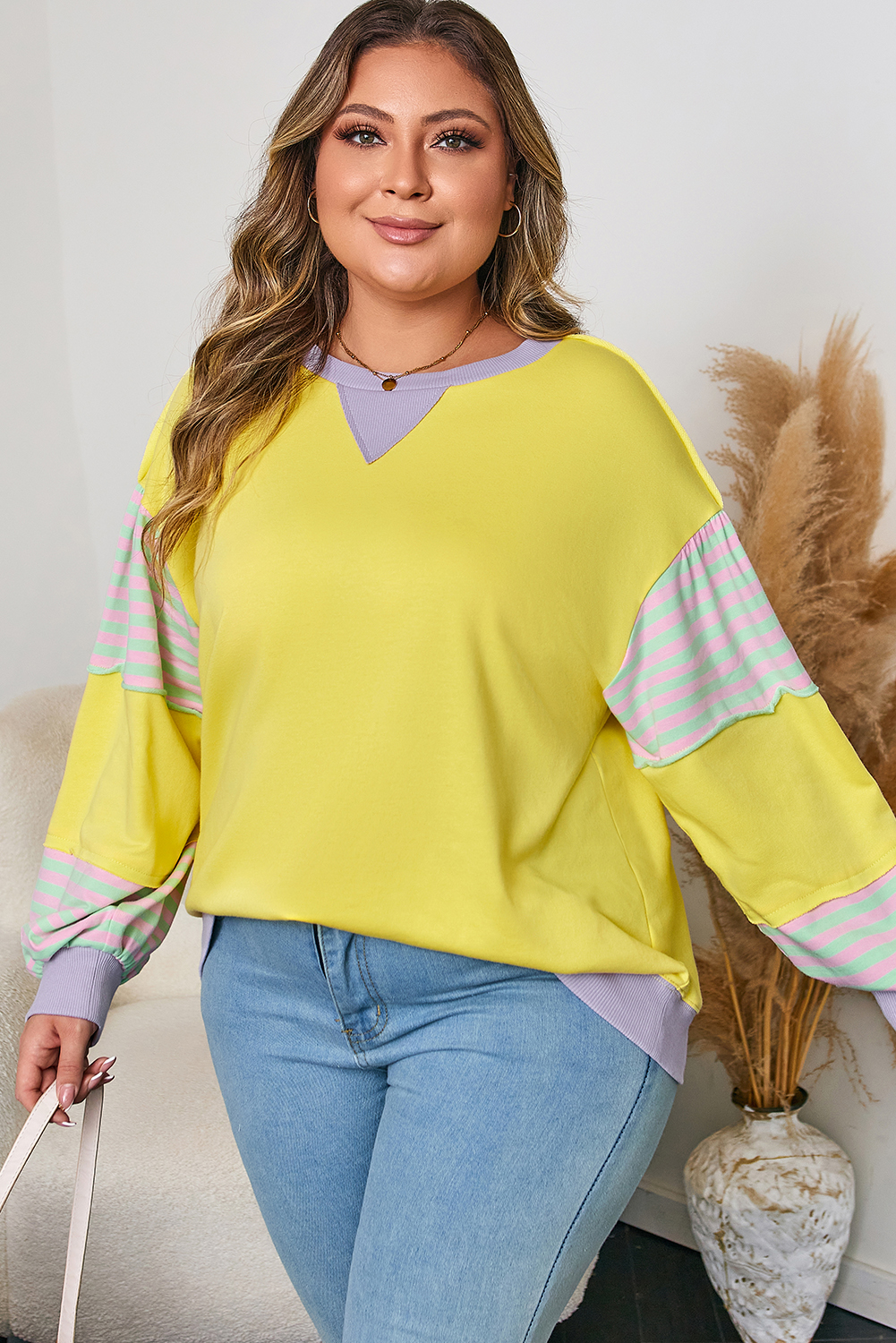 Yellow Striped Color Block Patchwork Crewneck Plus Size Pullover Sweatshirt - Image 4