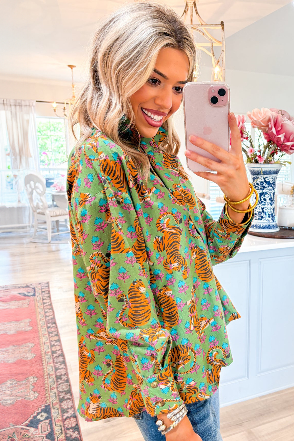 Green Tiger Floral Printed Collared V Neck Casual Shirt - Image 4