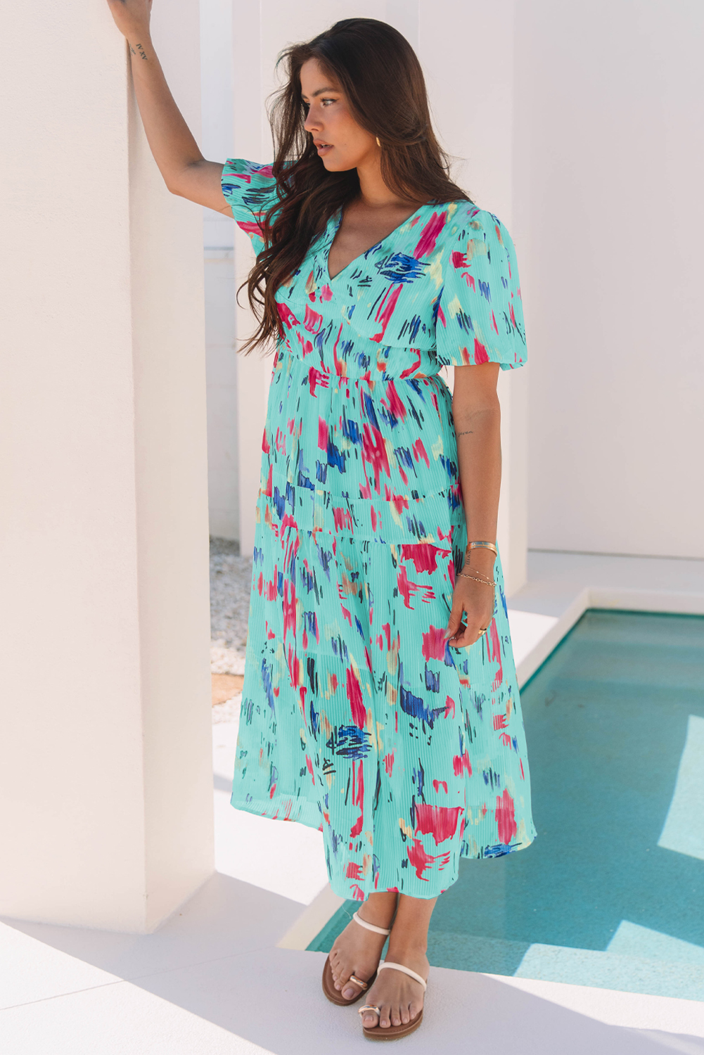 Sky Blue Abstract Print Short Puff Sleeve Tiered Maxi Dress - Image 6