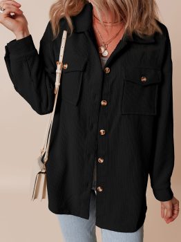 Black Corduroy Flap Pocket Button Up Shacket