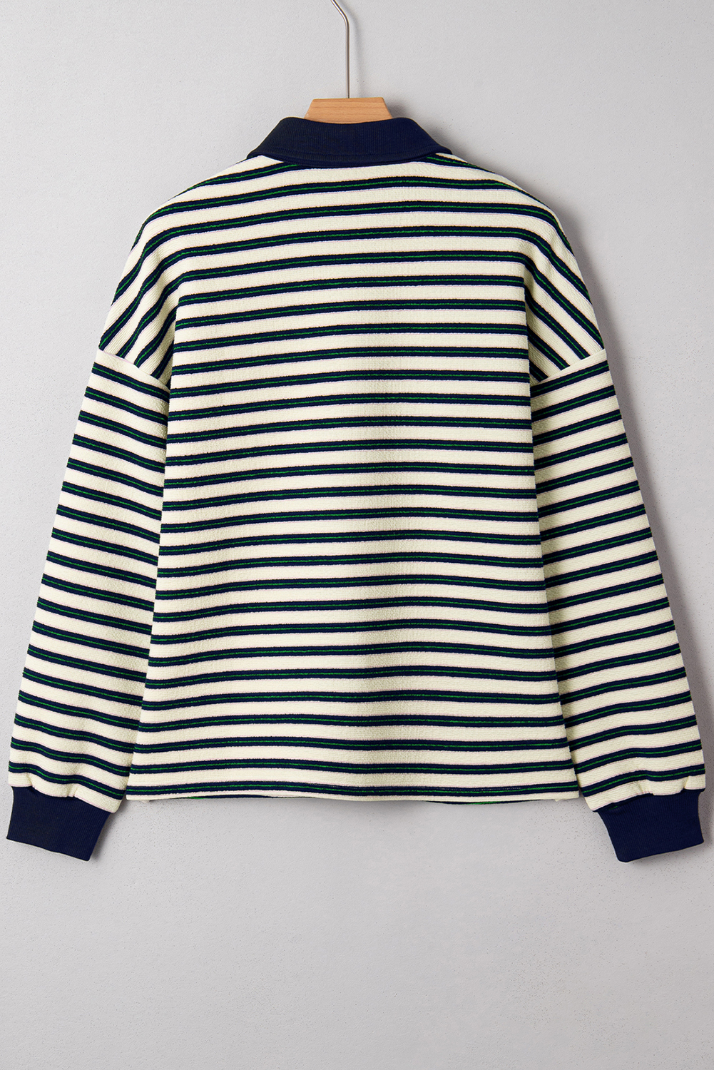 Navy Blue Striped Print Contrast Collar Zip V Neck Long Sleeve Top - Image 3