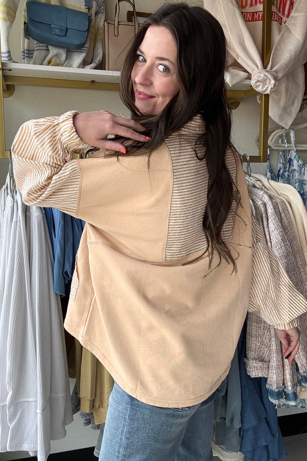 Smoke Gray Quarter Zip Striped Patchwork Drop Shoulder Loose Long Sleeve Top - Image 2