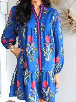 Sky Blue Floral Print Contrast Striped Trim Notched Neck Long Sleeve Dress