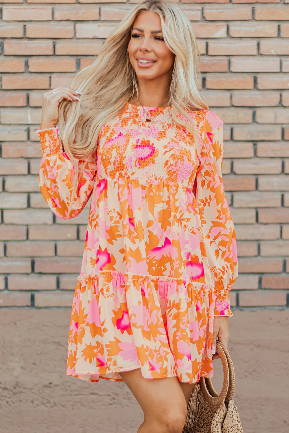 Orange Abstract Print Smocked Lantern Sleeve Ruffle Mini Dress - Image 5