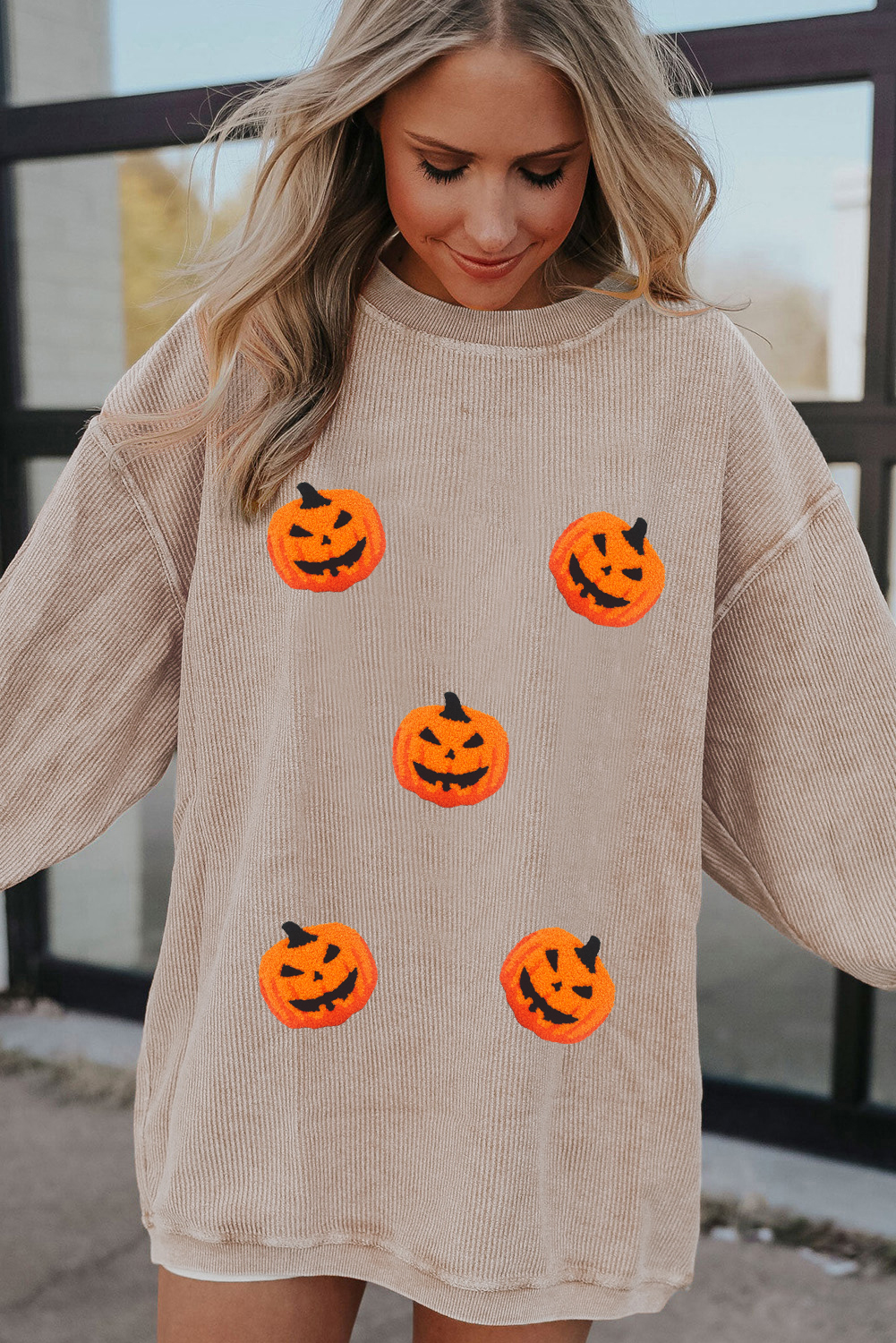 Apricot Twisted Rib Texture Chenille Halloween Pumpkin Patched Drop Shoulder Sweatshirt - Image 3