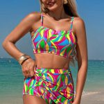 Multicolour Abstract Print Textured Spaghetti Strap High Waist Bikini Set
