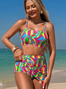 Multicolour Abstract Print Textured Spaghetti Strap High Waist Bikini Set