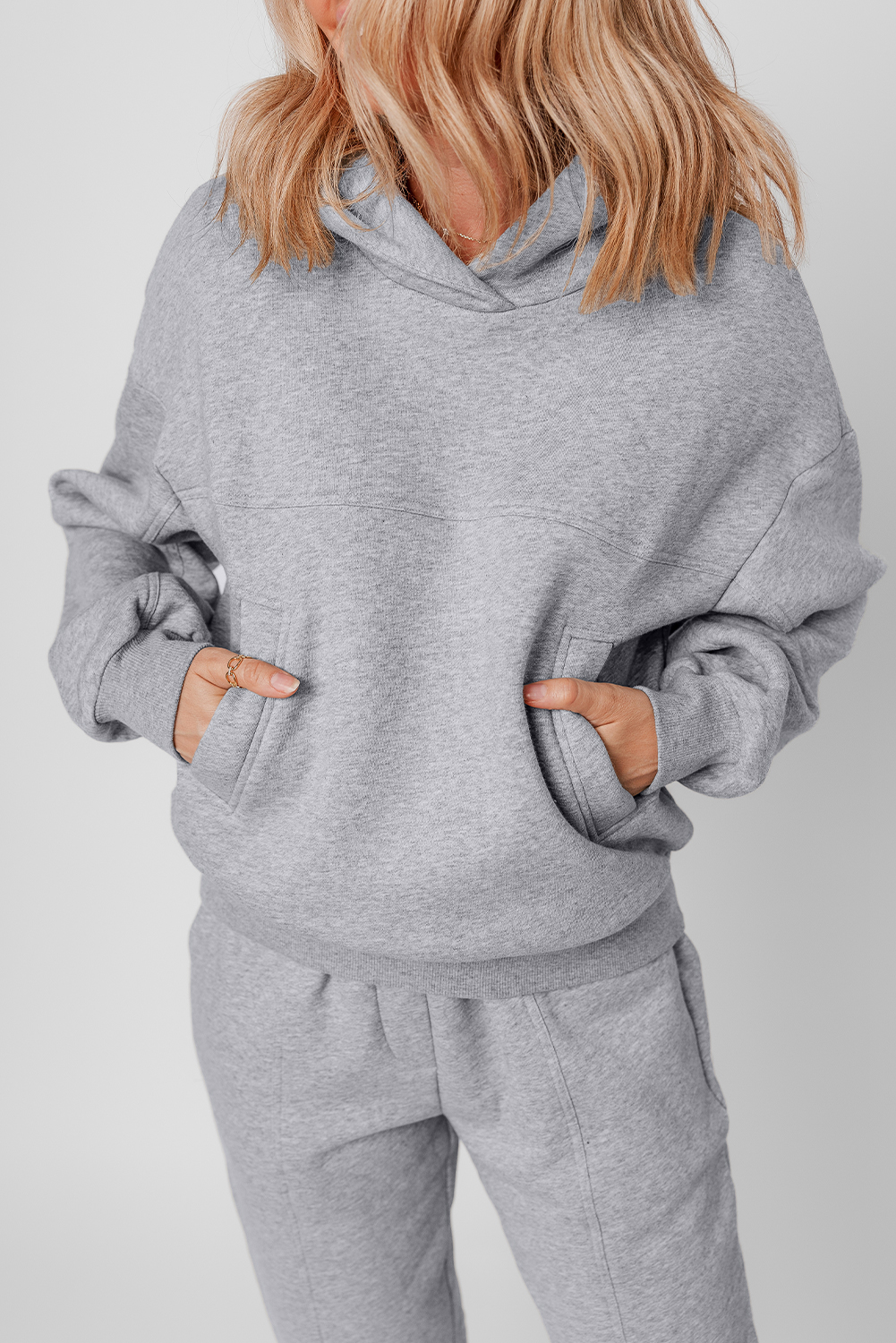 Gray Solid Exposed Seams Hoodie and Joggers Activewear Set - Image 5