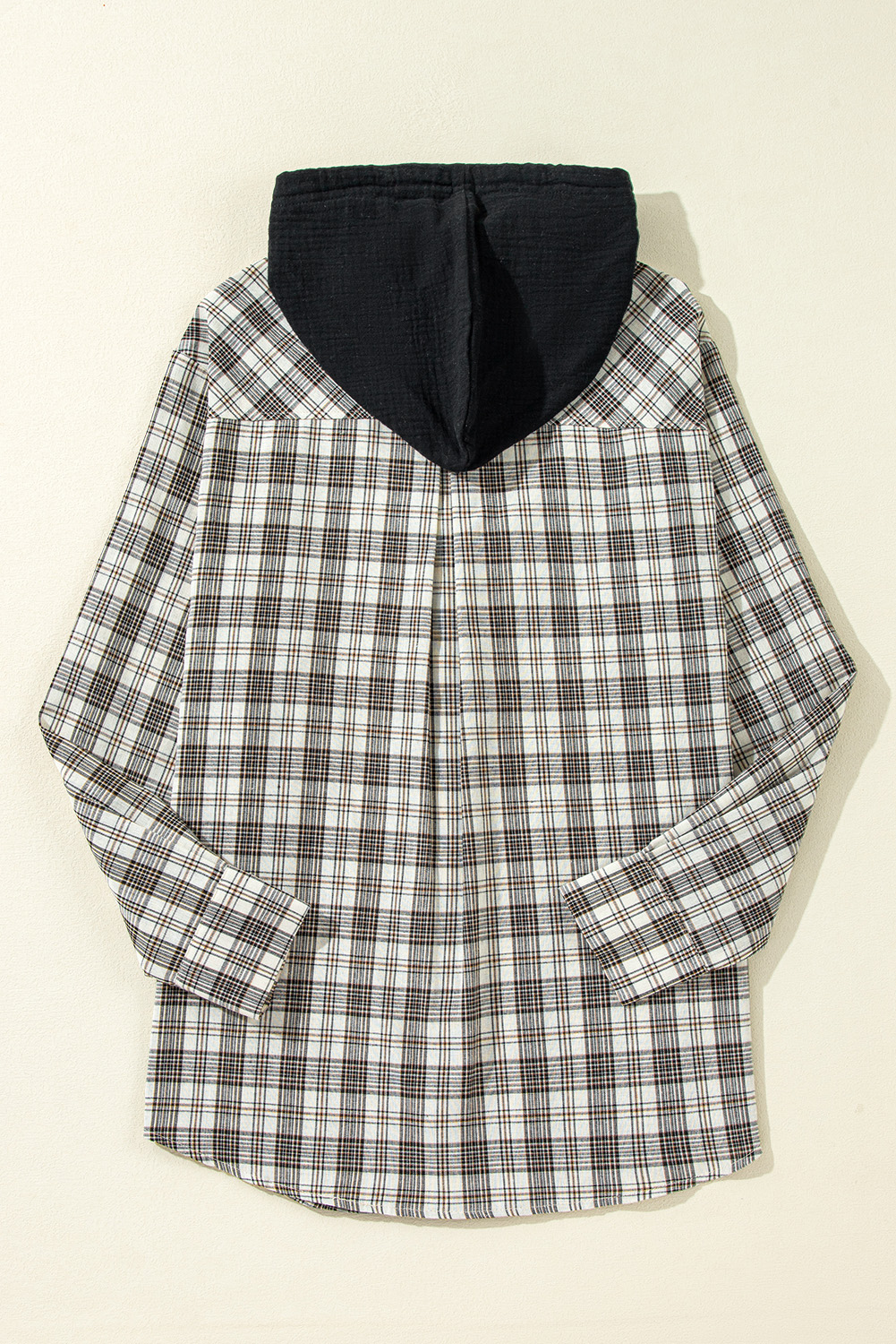 Black Checkered Print Loose Fit Buttoned Hooded Shacket - Image 5