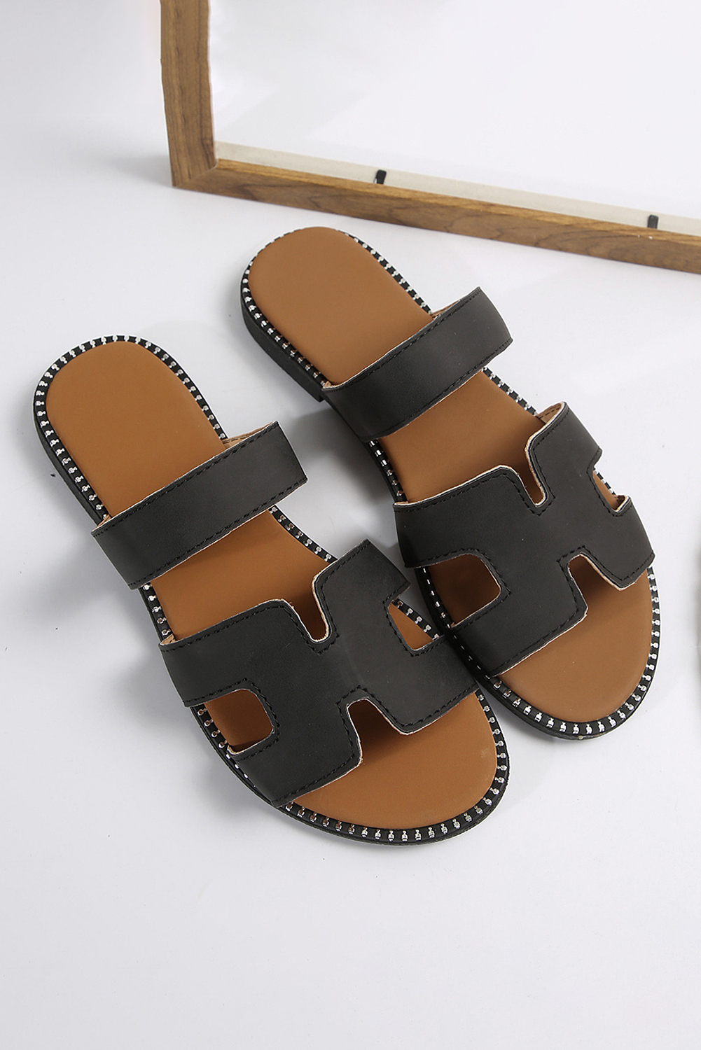 Black Cut Out H Shape Band PU Leather Slippers - Image 5