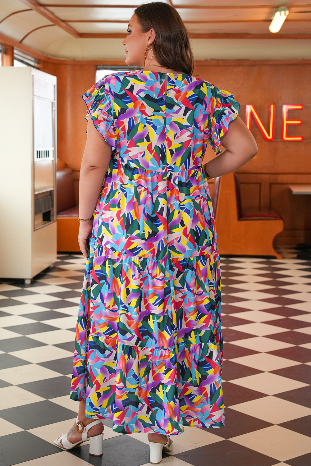 Blue Geometric Print Ruffled Short Sleeve Plus Size Tiered Maxi Dress - Image 2