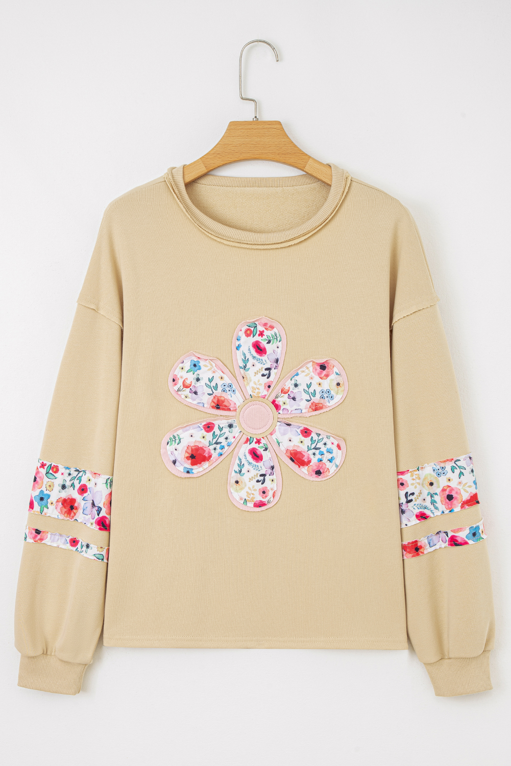 Pale Khaki Floral Applique Baggy Pullover Sweatshirt - Image 4