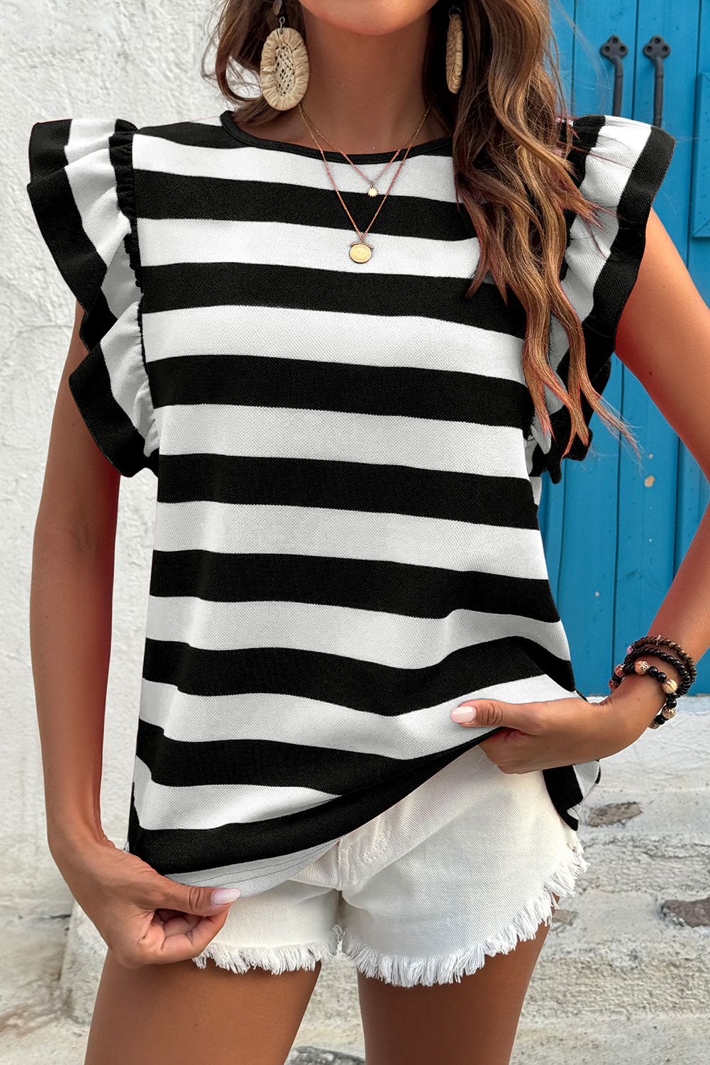 Black Stripe Flutter Sleeve Round Neck T Shirt - Image 4