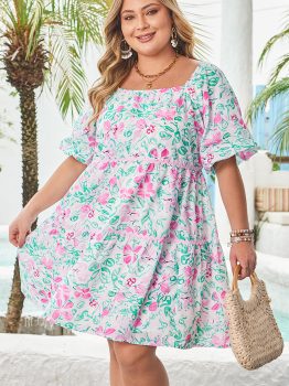 White Floral Print Ric-rac Trim Square Neck Plus Size Mini Dress