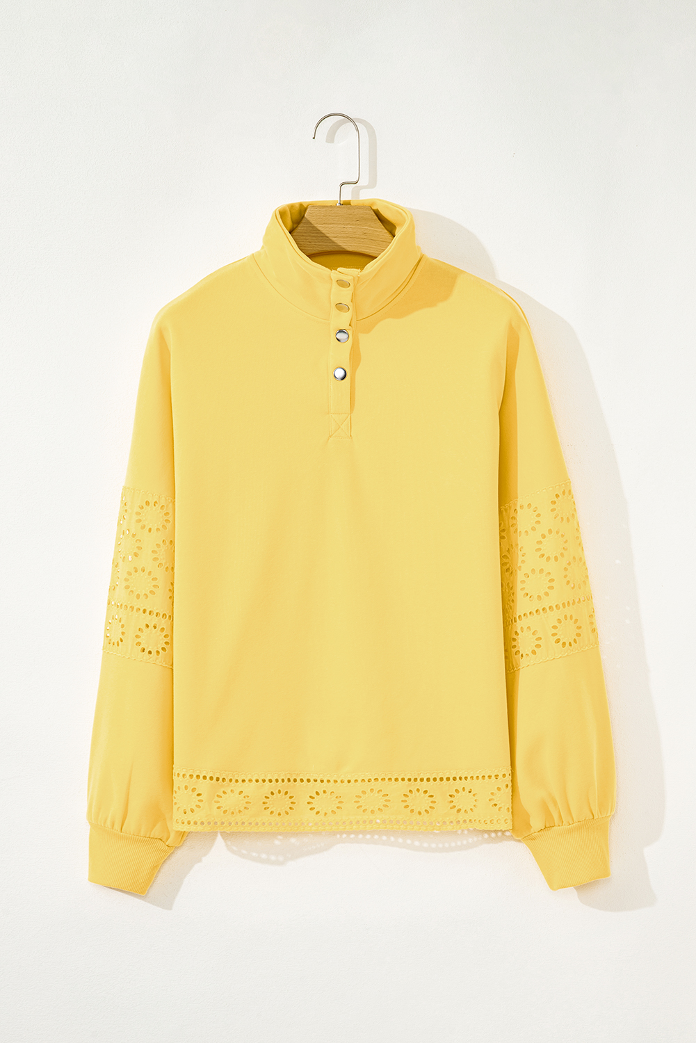 Yellow Cream Embroidered Flower Patchwork Snap Buttons Pullover Sweatshirt - Image 5