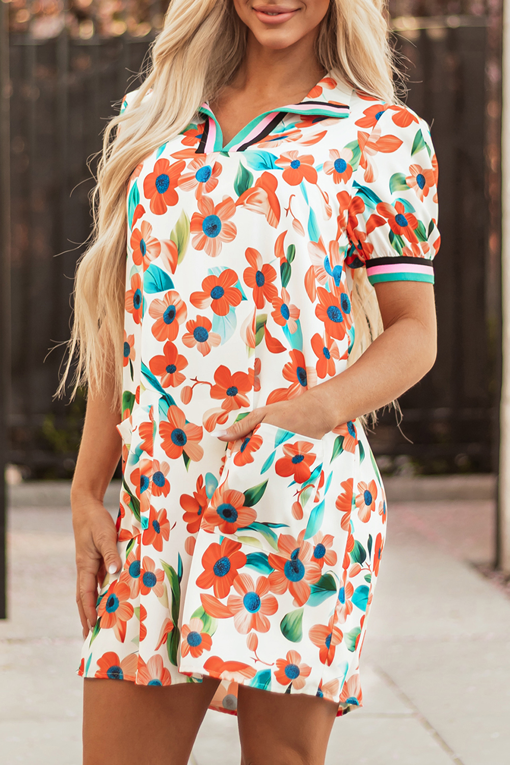 Orange Contrast Trim Floral Split Neck Puff Short Sleeve Tiered Mini Dress - Image 8