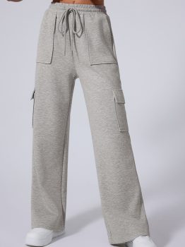 Light Grey Multi Pockets Lace-up High Waist Wide Leg Workout Pants