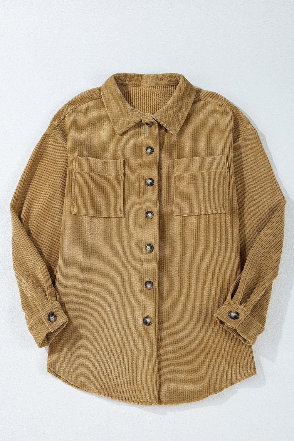 Light French Beige Patched Pocket Button Up Corduroy Shacket - Image 4