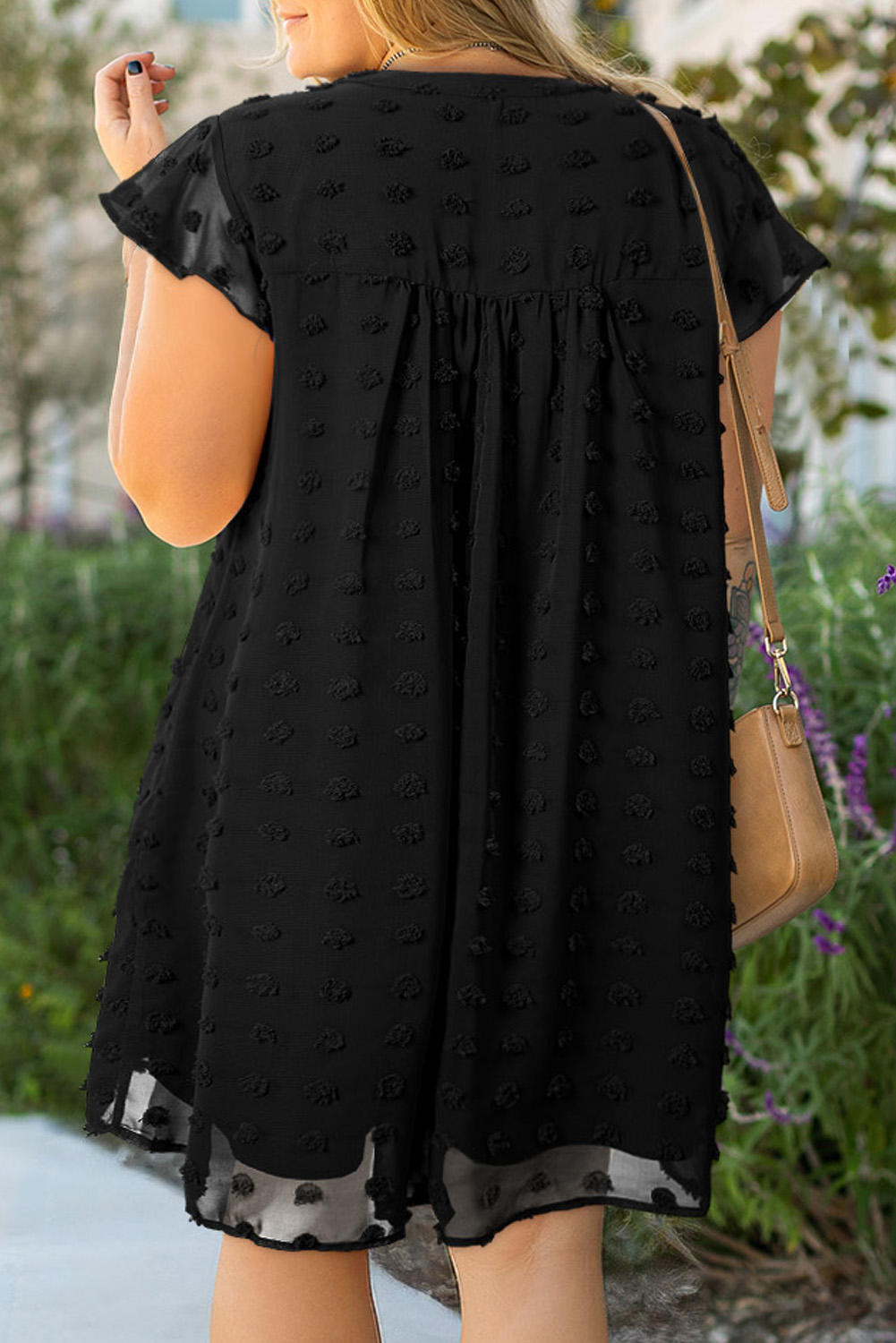 Black Dotty Textured Notched Neck Plus Ruffled Dress - Image 2