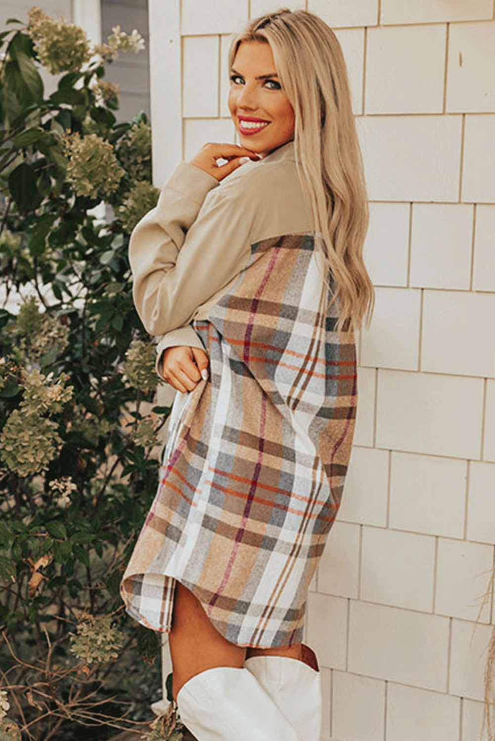 Khaki Plaid Patchwork Long Sleeve Shirt Mini Dress - Image 3
