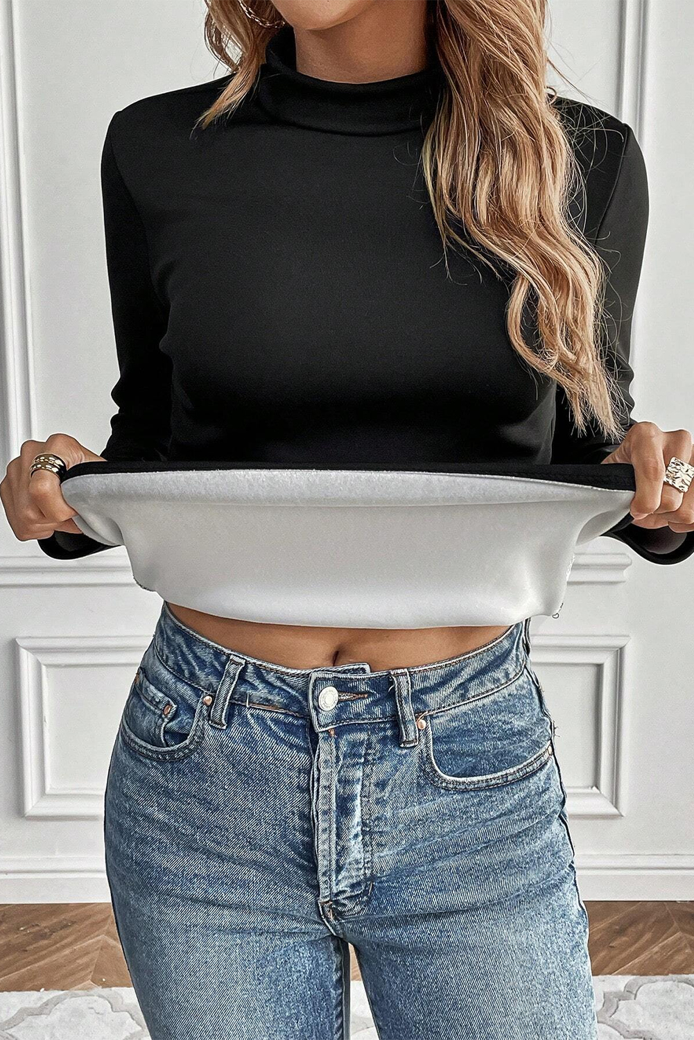 Black Mock Neck Thermal Lined Long Sleeve Tee - Image 6