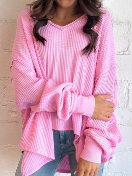 Bonbon Waffle Knit Exposed Seam High Low Top