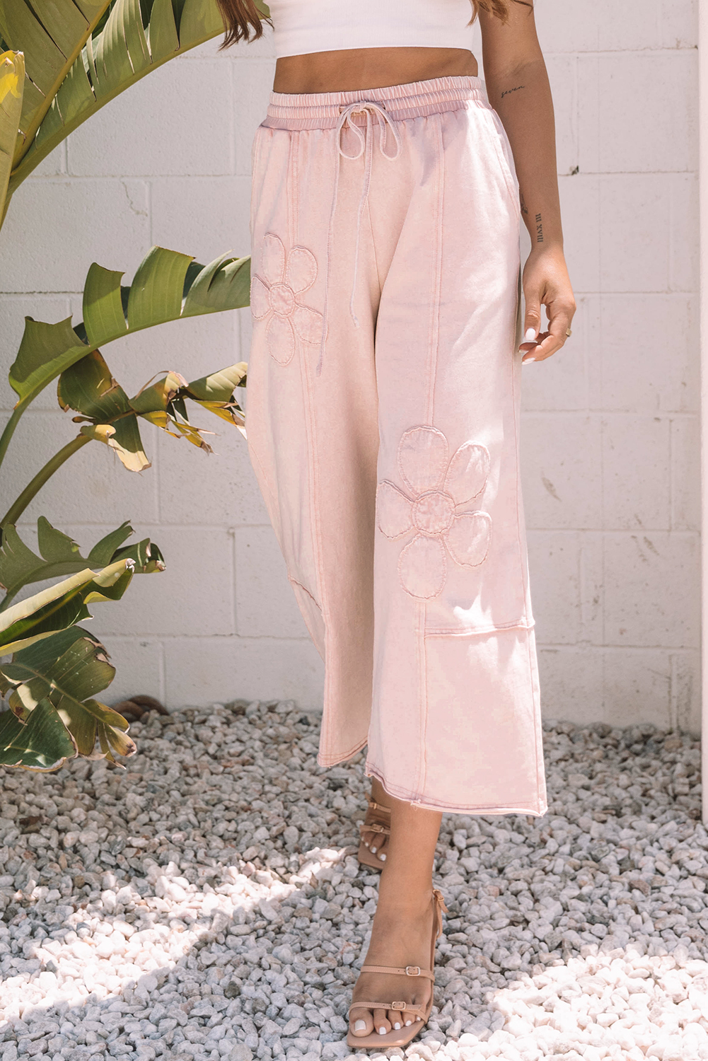 Pink Flower Patch Mineral Washed Terry Knit Cropped Wide Leg Pants - Image 4
