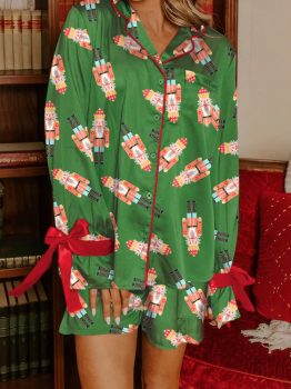 Green Christmas Candy Contrast Trim Bow Knot Silky 2pcs Pajama Set