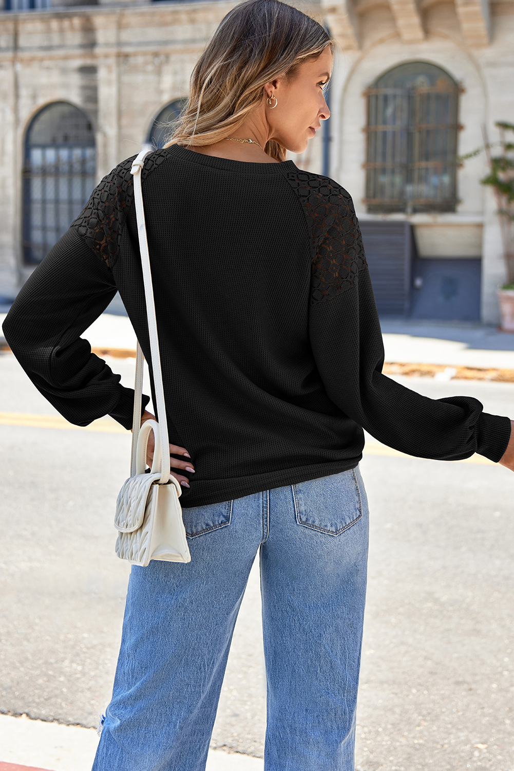 Black Lace Long Sleeve Textured Pullover - Image 5