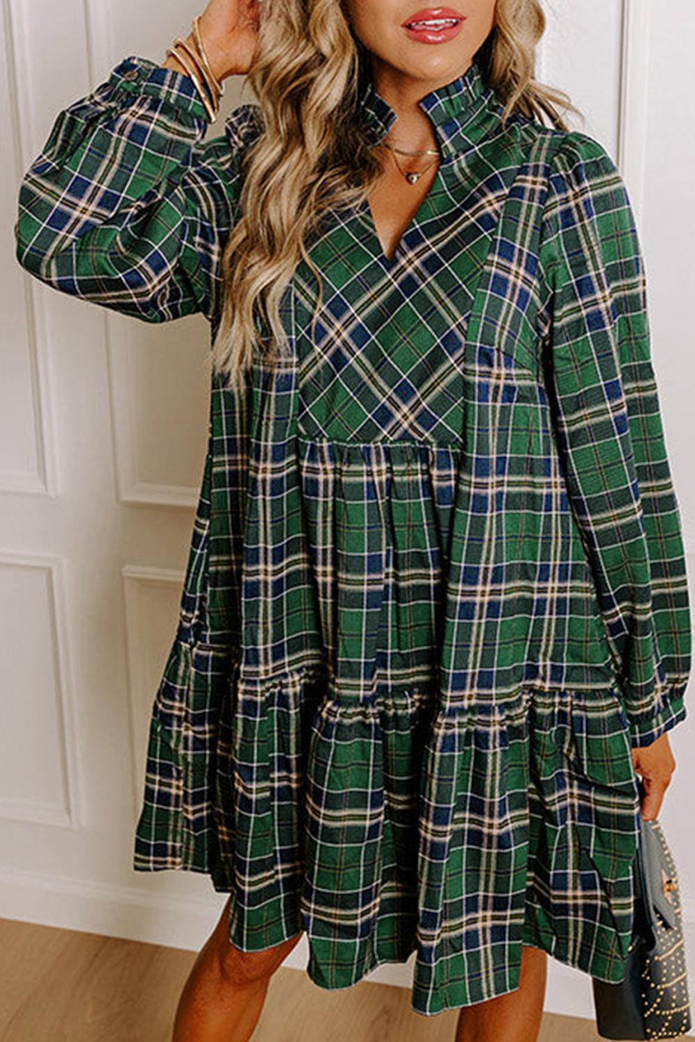 Green Plaid Print Frilly Collar Long Sleeve Shift Mini Dress - Image 8