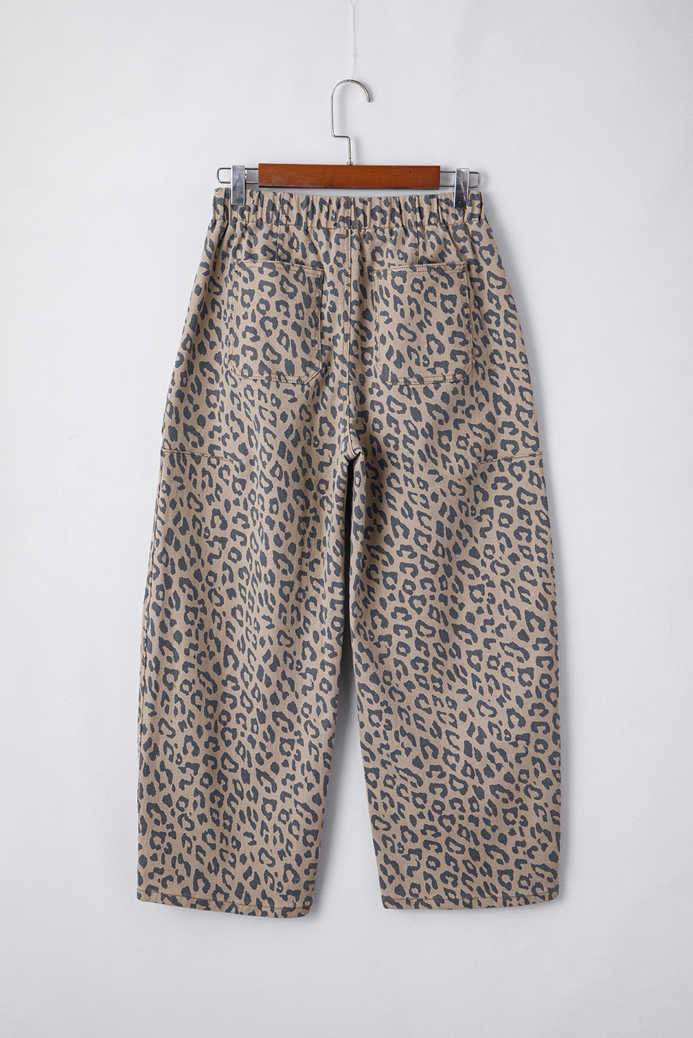 Khaki Leopard Printed Drawstring Elastic Waistband Pocketed Wide Leg Jeans - Image 4
