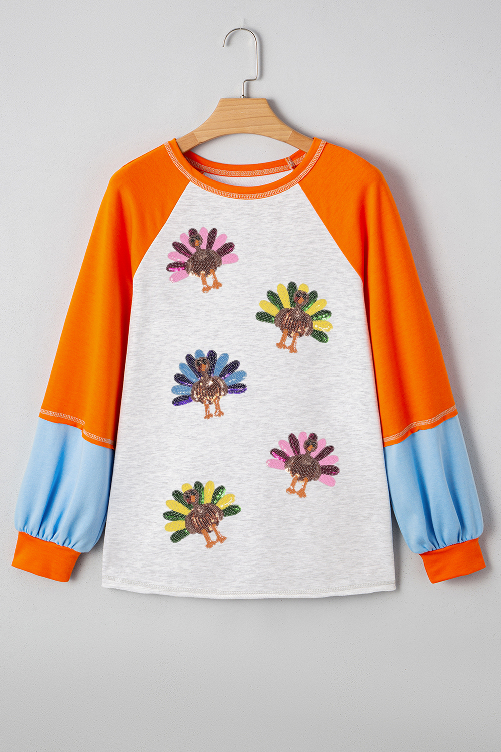 Light Grey Thanksgiving Turkey Sequin Graphic Color Block Long Raglan Sleeve Top - Image 5