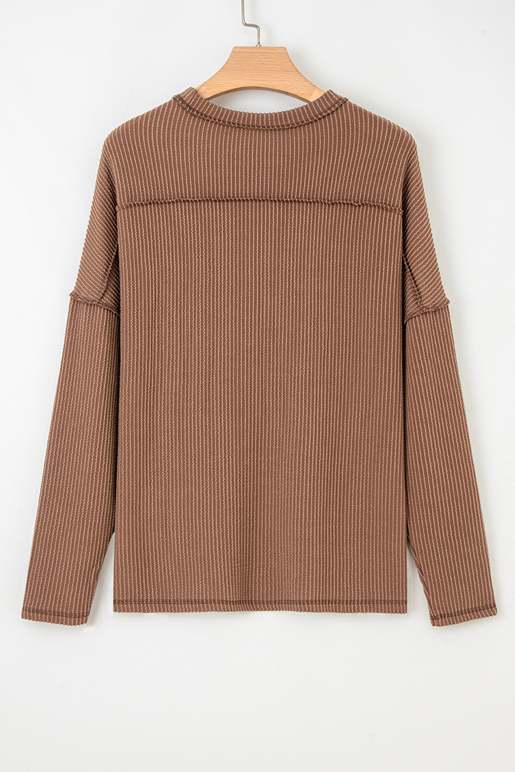Dark Khaki Twist Ribbed Exposed Seam Detail Long Sleeve Loose Top - Image 5