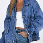 Blue Chest Pockets Drop Shoulder Loose Denim Jacket