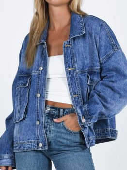 Blue Chest Pockets Drop Shoulder Loose Denim Jacket