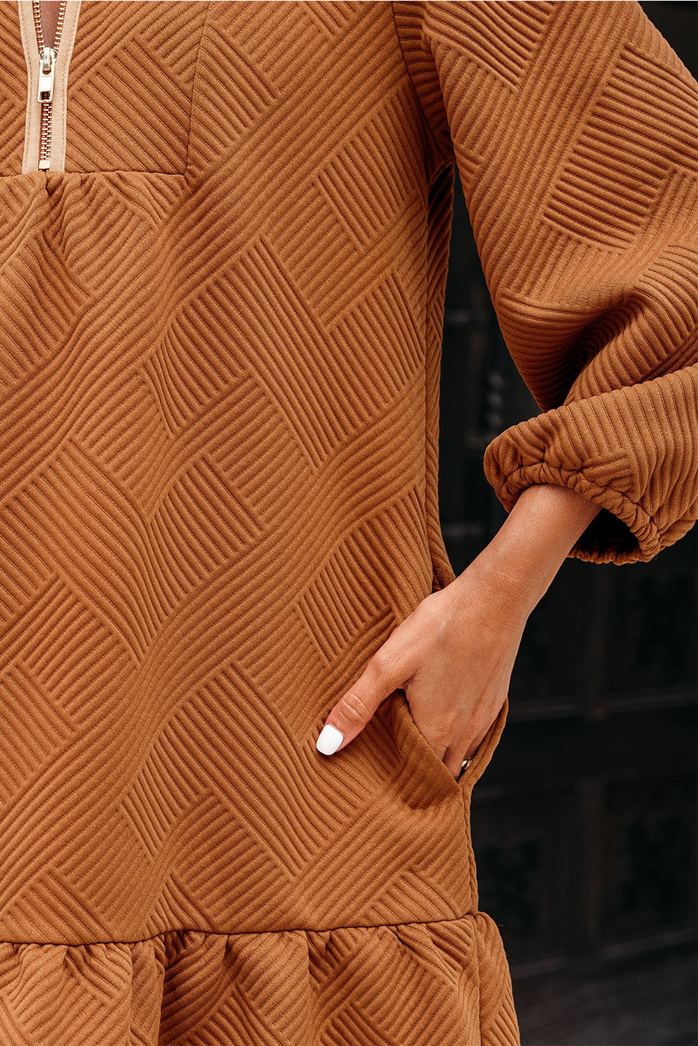 Desert Gold Quarter Zip Collar Bracelet Sleeve Textured Mini Dress - Image 7