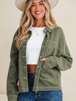 Smoke Green Patched Pocket Collared Button Front Boyfriend Denim Jacket