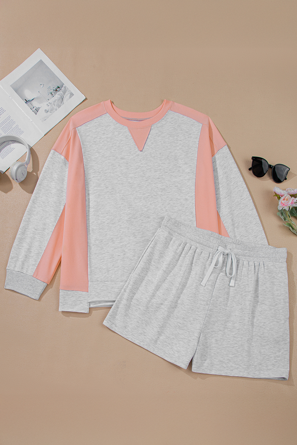 Light Grey Uneven Hem Colorblock Pullover Casual Shorts Plus Size 2pcs Outfit - Image 7