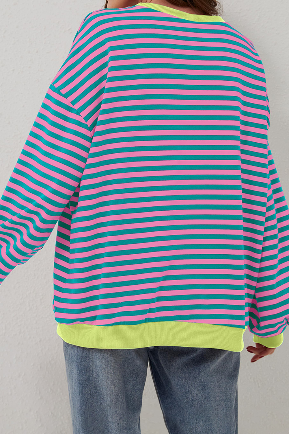Green Stripe Oversized Contrast Trim Pullover Sweatshirt - Image 8